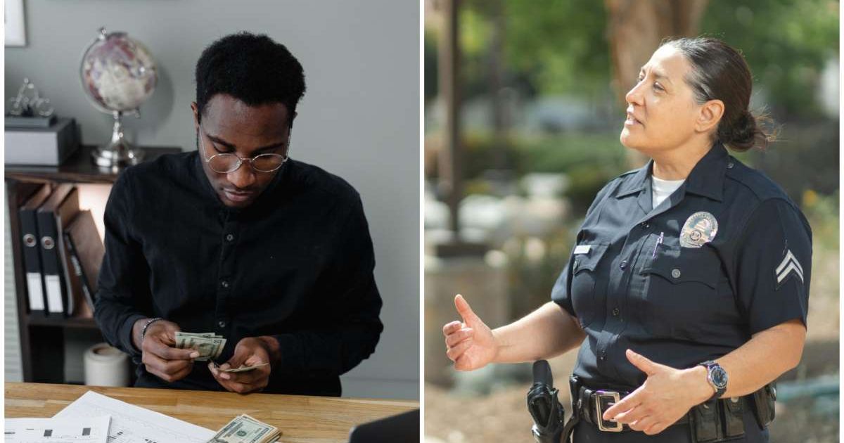 (L ) A man counting cash ; (R) A female cop (Representative Cover Image Source: Pexels | Photo by (L) Tima Miroshnichenko ; (R) Kindel Media)