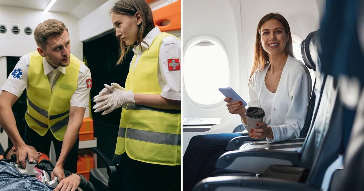 A man performing CPR on someone (L). A woman sitting inside a plane and smiling (R) (Representative Cover Image Source: Pexels and Getty Images | Photo by Mikhail Nilov and yacobchuk)