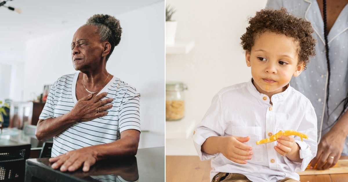 (L) Woman holding chest while feeling uneasy and choking. (R) A little boy in the kitchen looking intently. (Representative Cover Image Source: L - Getty Images| andreswd, R - Pexels| Ekaterina Bolovtsova) 