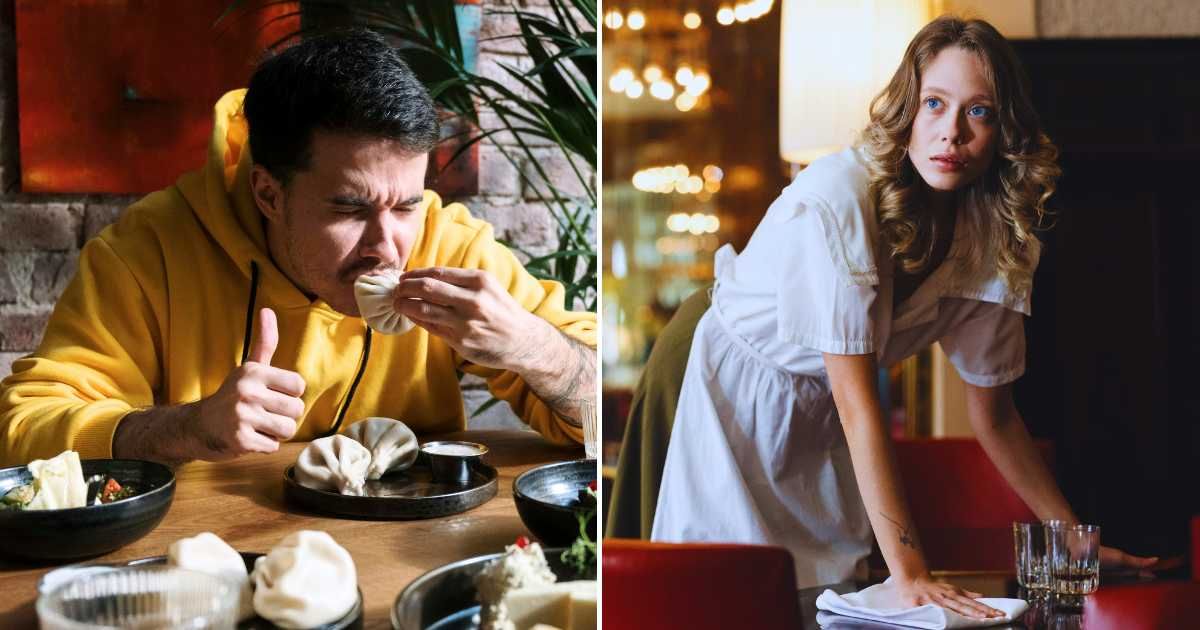 A man enjoying his food (L). A waitress looking at someone with judgement (R)(Representative Cover Image Source: Pexels Images | Photo by cottonbro studio and cottonbro studio)
