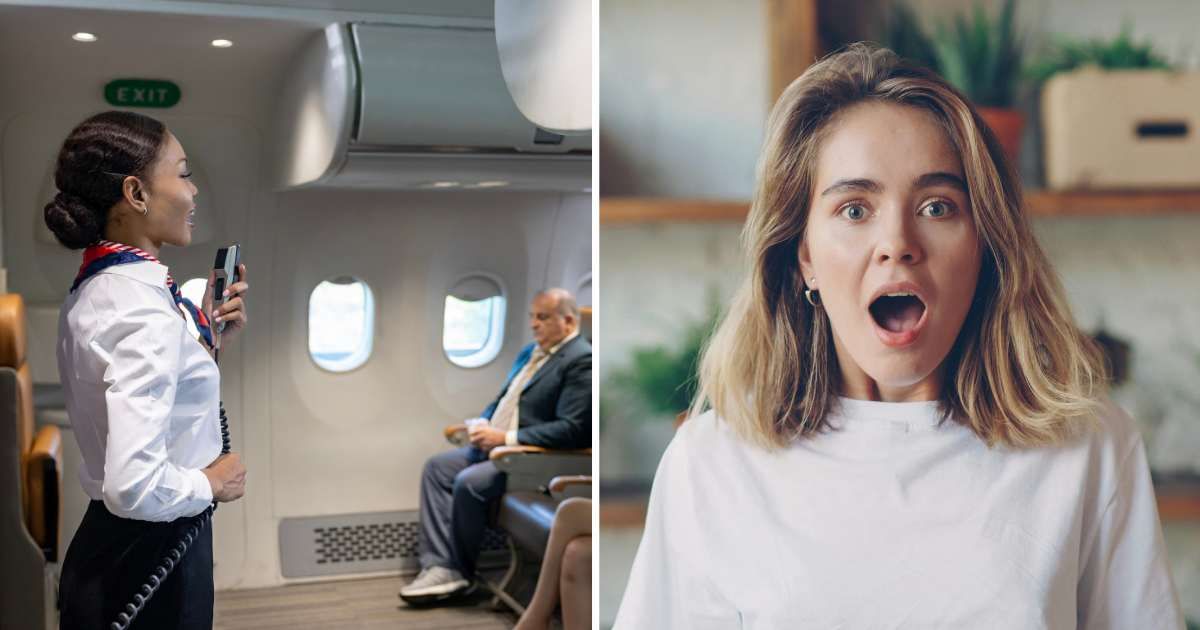 (L) Flight attendant making announcement. (R) Shocked woman. (Representative Cover Image Source: Getty Images, Pexels | (L) Akarawut Lohacharoenvanich, (R) Vitaly Gariev)