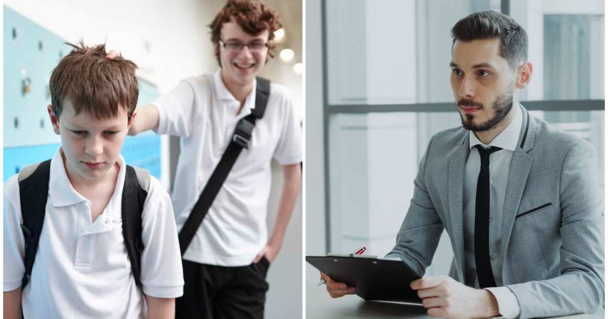 (L) A bully with a student ; (R) A man interviewing a candidate (Representative Cover Image Source: (L) Getty Images ; (R) Pexels | Photo by (L) Phil Boorman; (R) Vitaly Gariev)