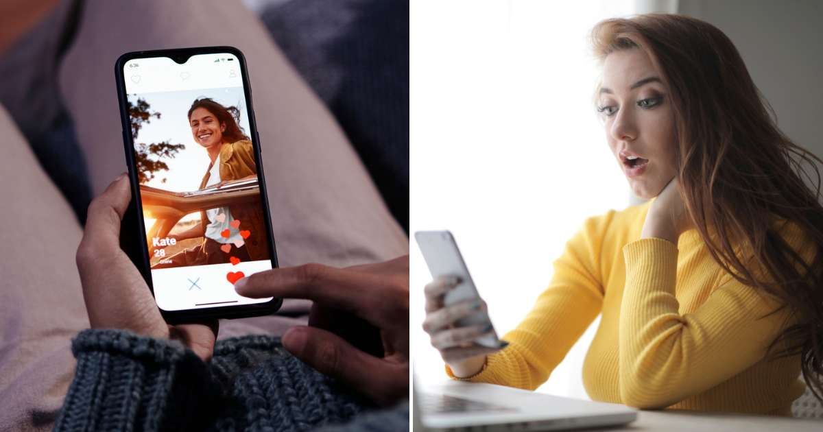 (L) A close-up of a dating app profile. (R) A woman is surprised, looking at a phone. (Representative Cover Image Source: L -Getty Images | wundervisuals, R - Pexels| Andrea Piacquadio )