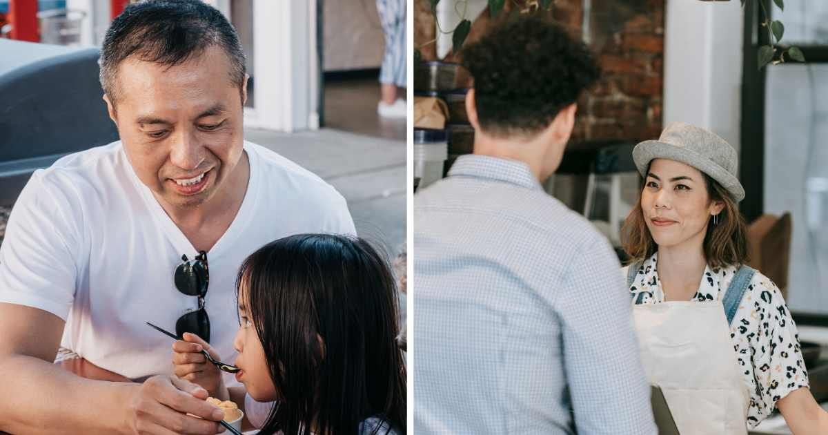 (L) Dad sitting with daughter eating ice cream. (R) Sever with customer. (Representative Cover Image Source: Pexels | (L) PNW Production, (R) Mike Jones)