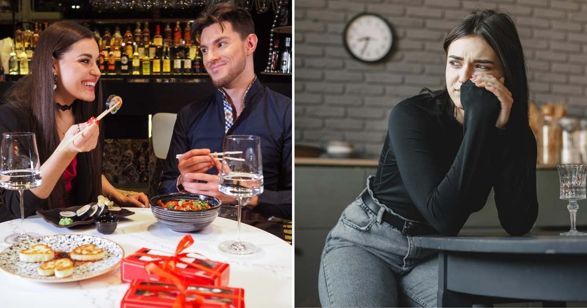 A man and a woman on a date (L). A woman looking upset (R)(Representative Cover Image Source: Pexels Images | Photo by Nadin Sh and Gustavo Fring)