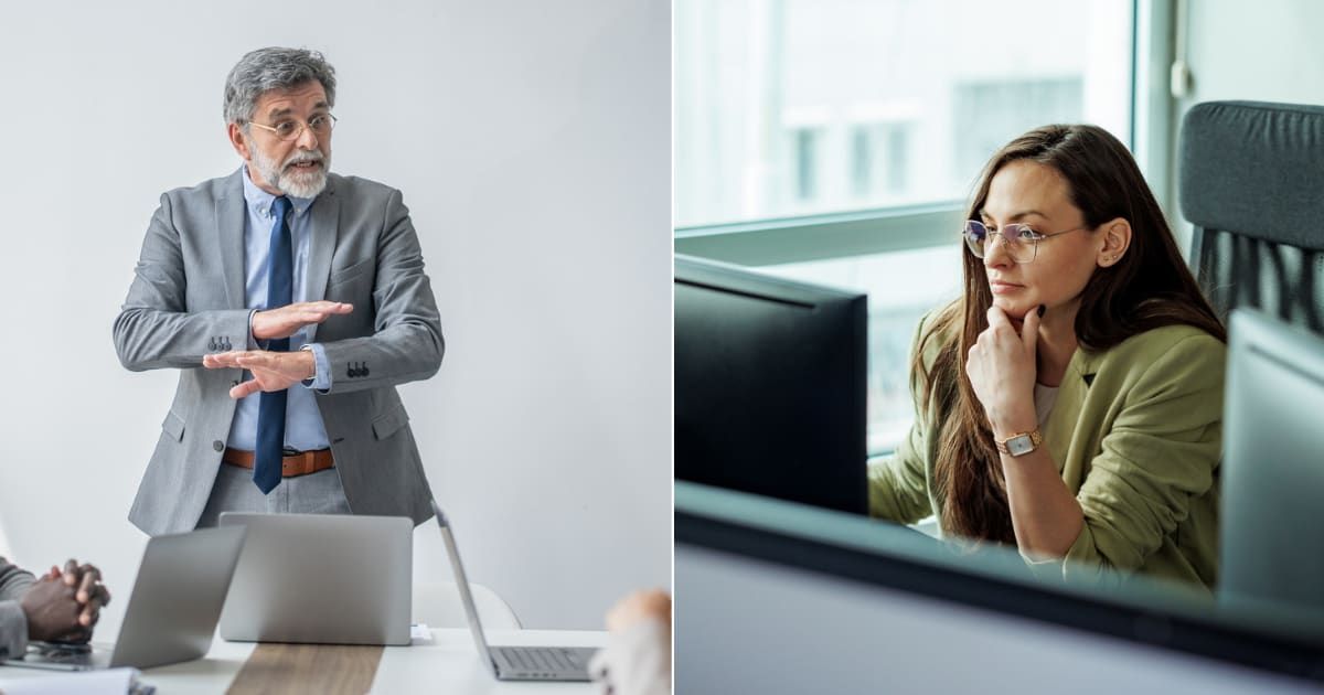 (L) Boss furious and humiliating employee in meeting. (R) Employee engrossed in work. (Representative Cover Image Source: Getty Images| L - Jana Murr, R - Mixetto)