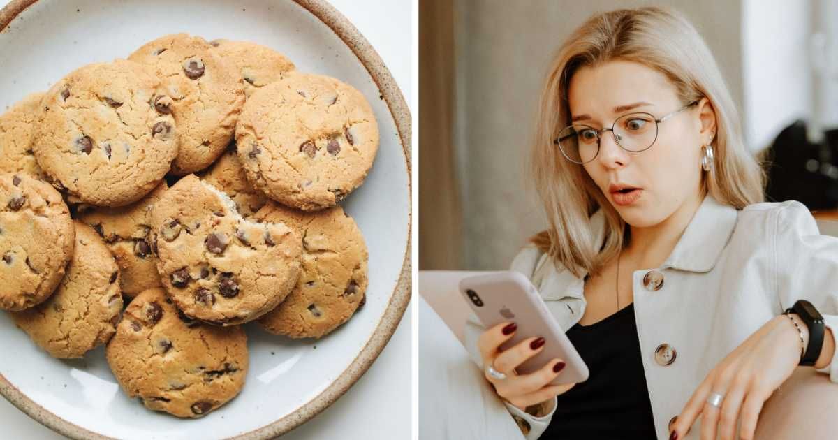 (L) Cookies in a plate. (R) Stunned woman looking at phone. (Representative Cover Image Source: Pexels | (L) Polina Tankilevitch, (R) Polina Zimmerman)