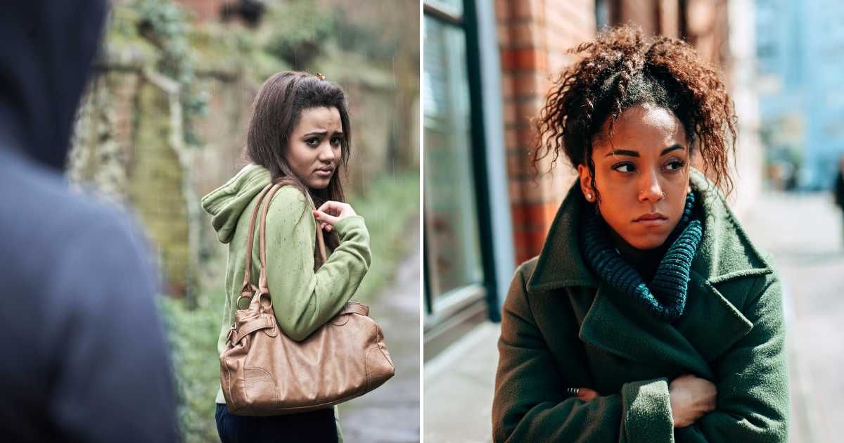 Woman being followed by someone (L). Woman visibly upset and scared of something (R). (Representative Cover Image Source: Getty and Pexel Images | Photo by MachineHeadz and Mikhail Nilov)