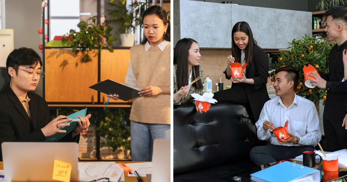 (L) Employee with boss. (R) Coworkers eating together. (Representative Cover Image Source: Pexels | (L) AI25.Studio AI GENERATIVE, (R) Mikhail Nilov)