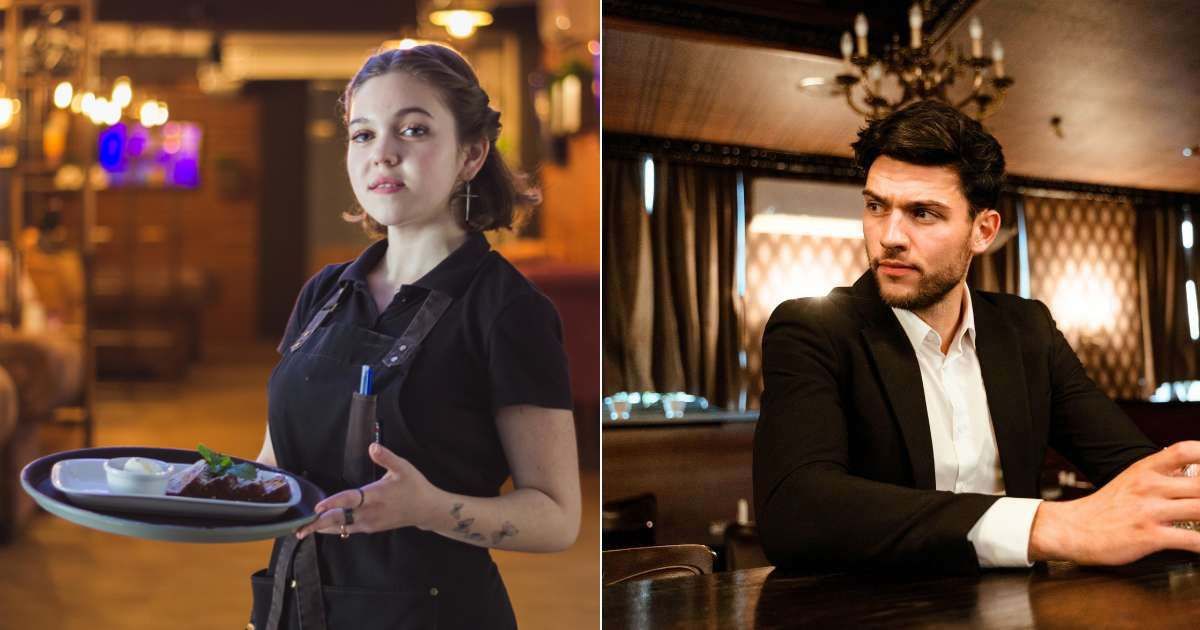 Waitress in uniform (L). A man irritated and upset at a bar (R) (Representative Cover Image Source: Getty and Pexel Images | Photo by 
Kenzhar Sharap and Mart Production)