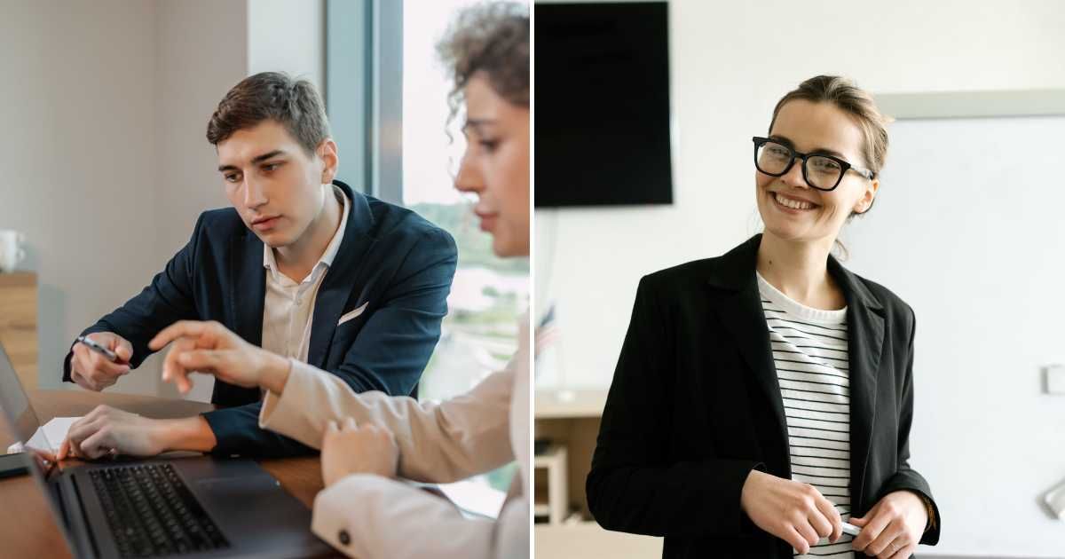 A man pointing at something on the laptop (L). A woman smiling with satisfaction (R). (Representative Cover Image Source: Pexels Images | Photo by Alena Darmel and Mikhail Nilov)