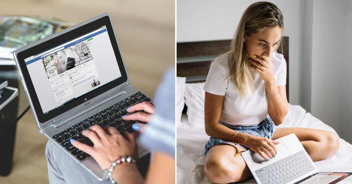 A woman scrolling through Facebook (L). A woman in shock after seeing something on the laptop (R). (Representative Cover Image Source: Pexels Images | Photo by Karolina Grabowska and Anna Tarazevich)