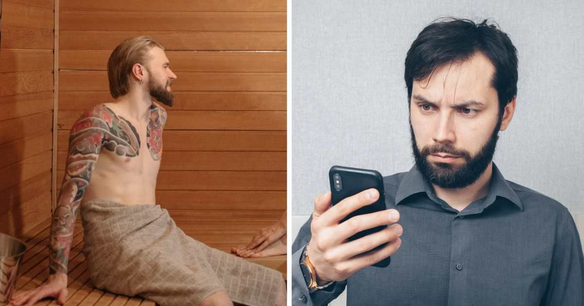(L) Man sitting in sauna. (R) Man looking at his phone. (Representative Cover Image Source: Pexels | (L) Pavel Danilyuk, (R) Mikhail Nilov)