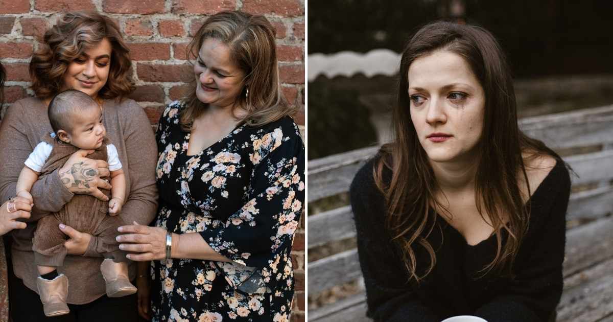 (L) Mom holding a baby with another elderly woman beside her. (R) A woman crying on the park bench. (Representative Cover Image Source: Pexels | RDNE Stock project)
