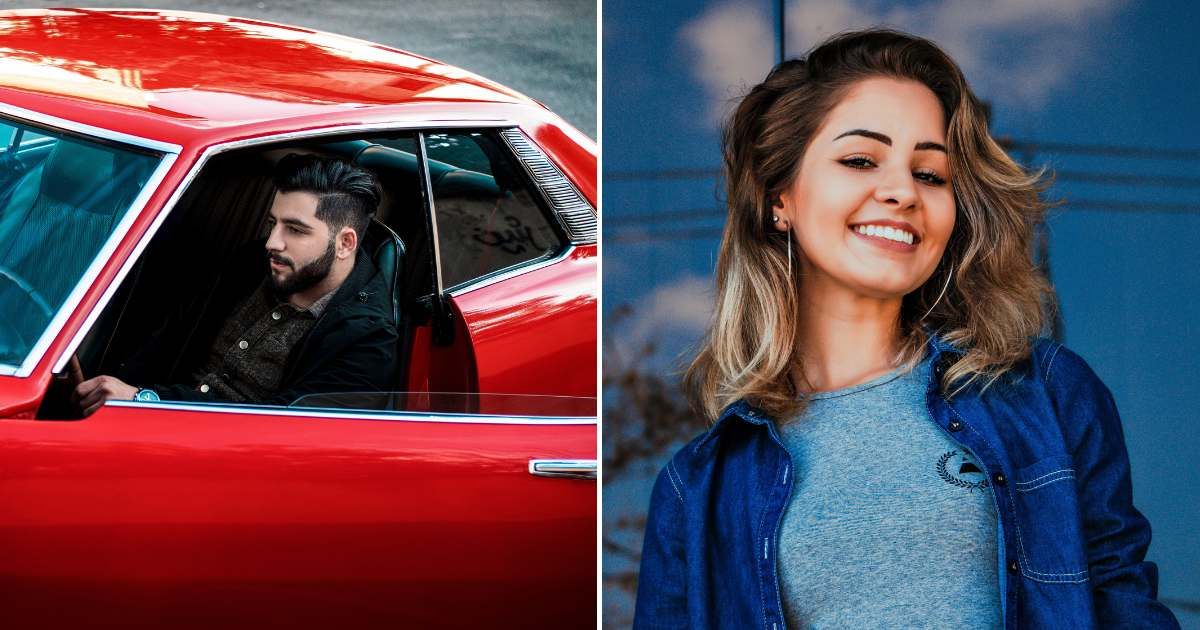 A man sitting inside a red luxury car (L). A woman grinning with satisfaction (R). (Representative Cover Image Source: Pexels Images | Photo by Arvin Latifi and Vinicius Wiesehofer)