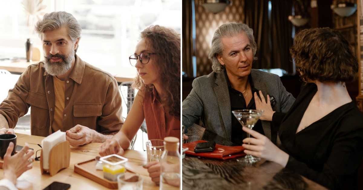 A woman having dinner with her father (L). A woman obstructing a rude man (R). (Representative Cover Image Source: Pexels Images | Photo by Edmond Dantès and MART PRODUCTION)
