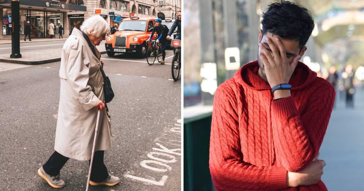 (L) Old woman crossing street. (R) Embarrassed man covering face. (Representative Cover Image Source: Pexels | (L) Sonya Livshits, (R) Hurrah suhail)