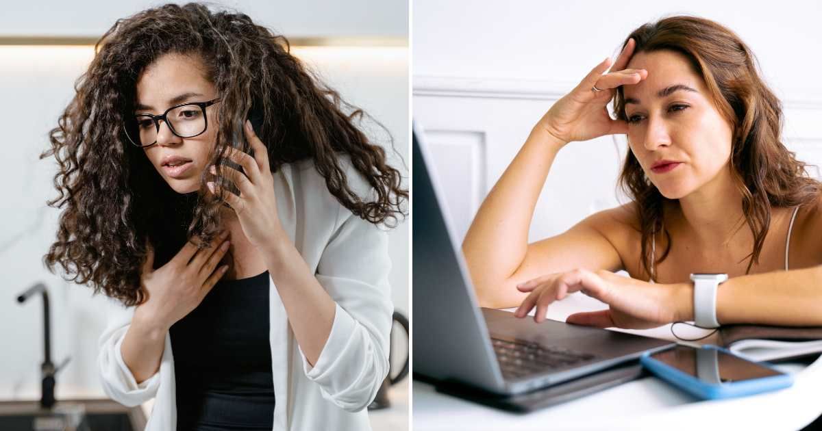 A woman looking concerned over a phone call (L). A woman is confused after seeing something on the laptop screen (R). (Representative Cover Image Source: Pexels Images | Photo by MART PRODUCTION and Anna Tarazevich)
