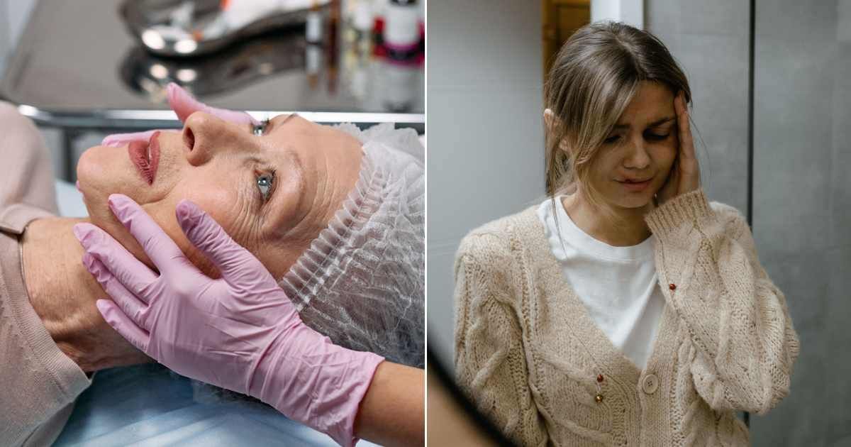 Medical professional examining a senior woman's face (L). A woman is upset and crying (R). (Representative Cover Image Source: Pexels Images | Photo by cottonbro studio and MART PRODUCTION)