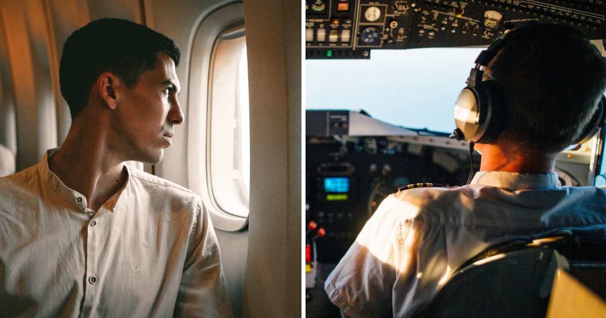 (L) Man sitting in flight. (R) Pilot flying a plane. (Representative Cover Image Source: Pexels | (L) Madjid Atmania, (R) K)