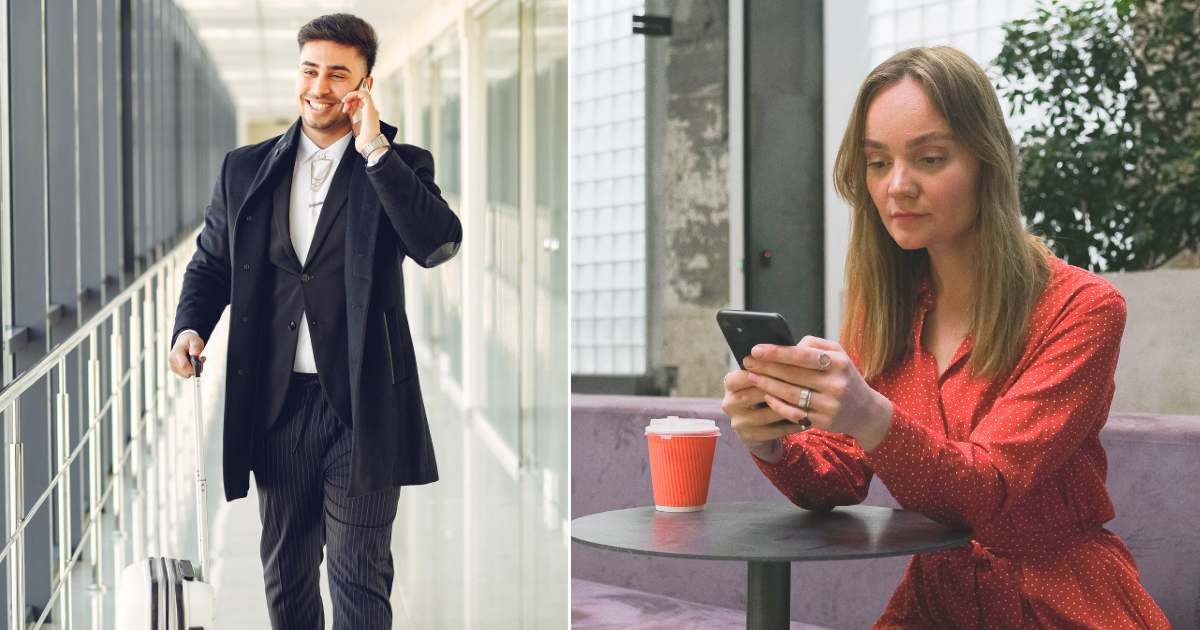 (L) A man is speaking on his phone while walking at the airport. (R) A woman looks disappointed as she checks her phone. (Representative Cover Image Source: Pexels| L - Gustavo Fring, R - Anna Shvets)