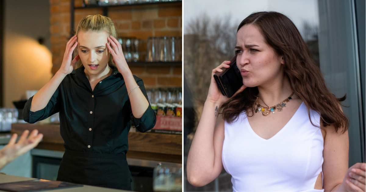 A waitress looking upset and confused (L). A woman talking on the phone, looking angry and frustrated (R). (Representative Cover Image Source: Getty and Pexels Images | Photo by LittleCityLifestylePhotography and  Andrew Patrick Photo)