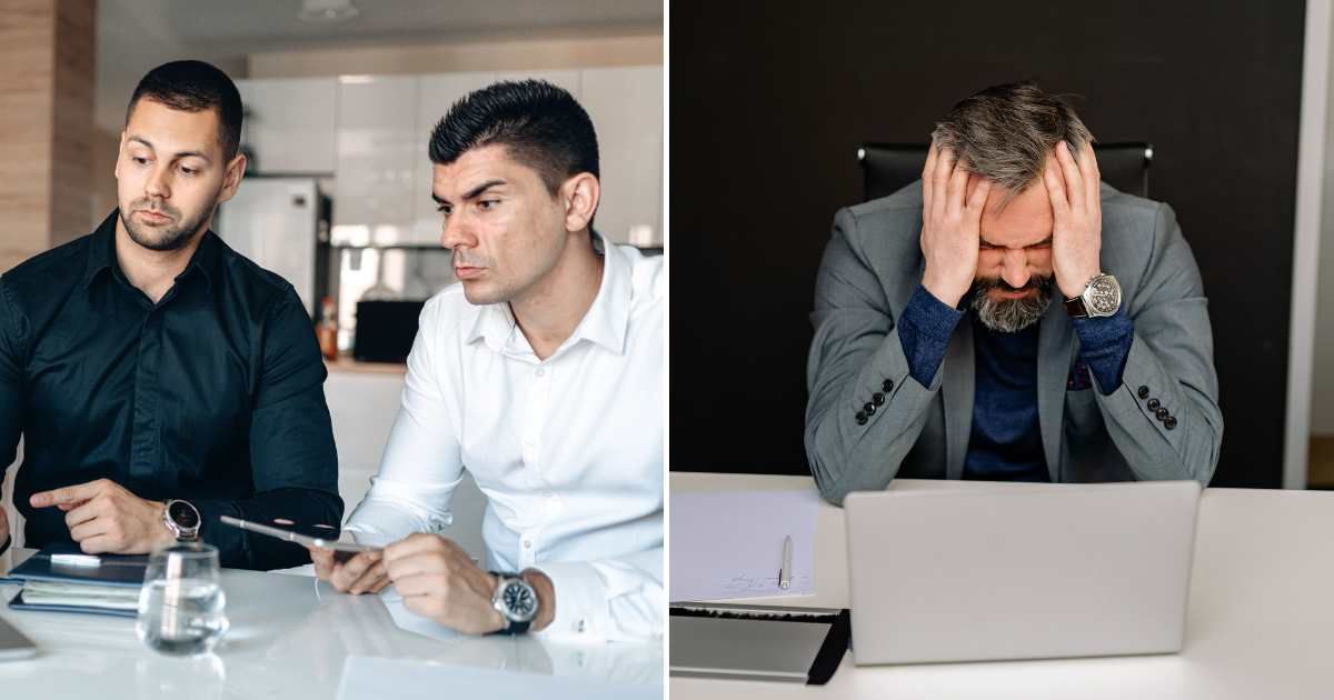 (L) Two employees are discussing something serious at work. (R) A manager looks frustrated. (Representative Cover Image Source: Pexels| L - George Morina, R - Yan Krukau)