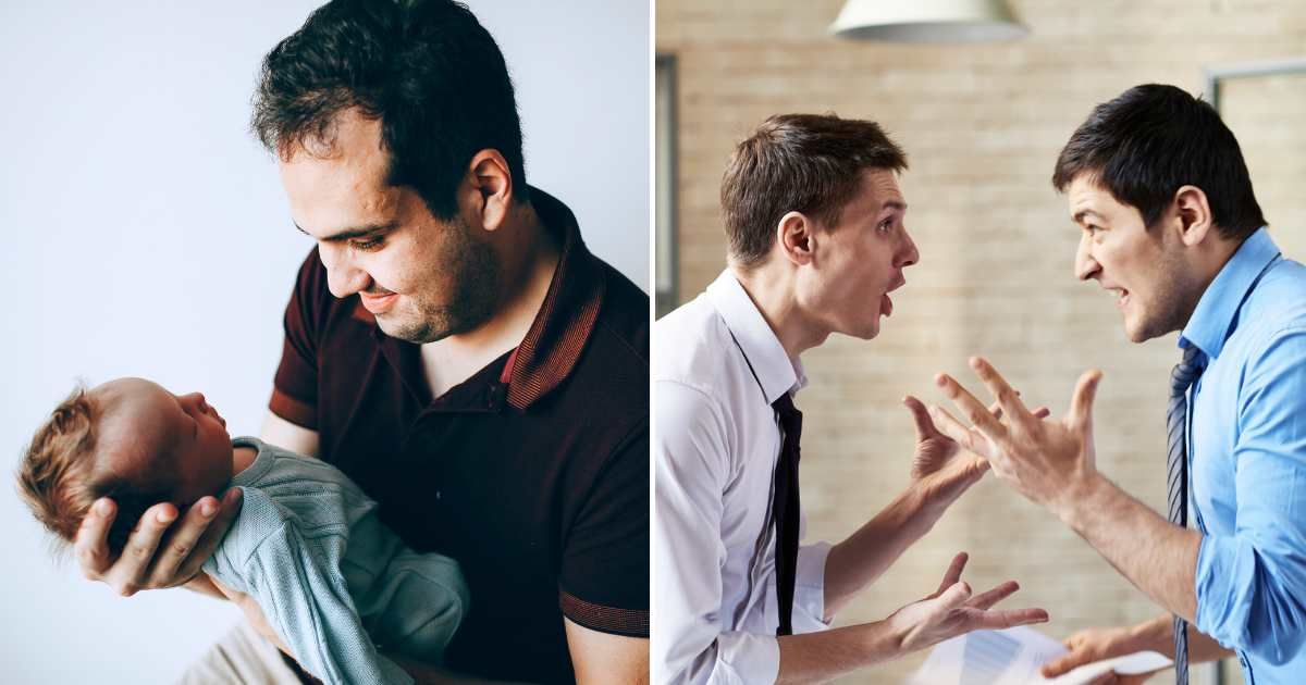 A man holding and admiring his newborn baby (L). Two men brawling at each other (R). (Representative Cover Image Source: Pexel and Getty Images | Photo by Helena Lopes and mediaphotos)