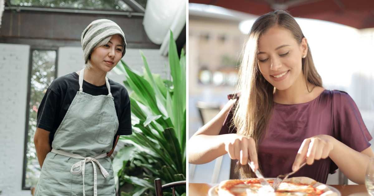 (L) Waitress talking to customer. (R) Woman having pizza. (Representative Cover Image Source: Pexels | (L) Ketut Subiyanto, (R) Andrea Piacquadio)