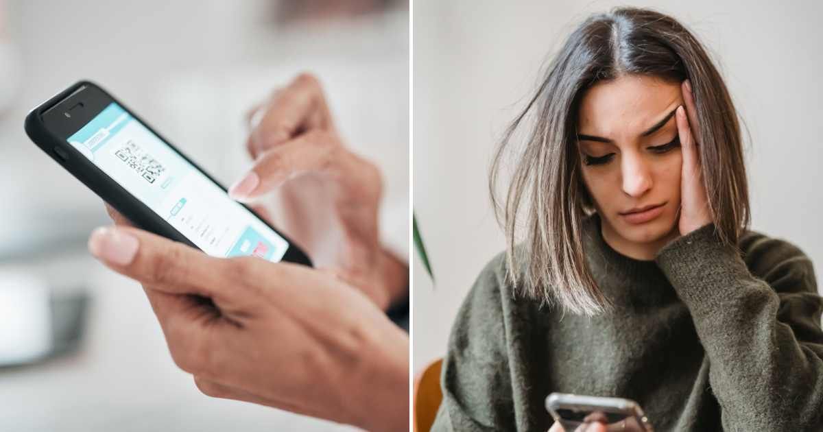 A woman scrolling through a QR code on the screen (L). A woman upset at a text she is reading (R). (Representative Cover Image Source: Getty and Pexels Images | Photo by Jacob Wackerhausen and Liza Summer)