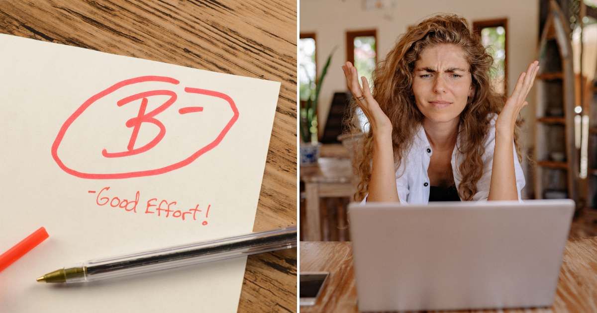 A 'B' graded copy (L). A woman is shocked and confused after reading something on the laptop (R). (Representative Cover Image Source: Getty and Pexel Images | Photo by matt_benoit and Yan Krukau)