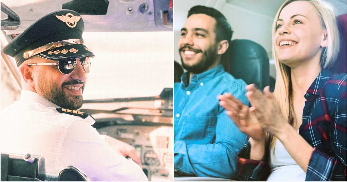 (L) A pilot smiles mischievously. (R) Passengers are cheering while laughing and smiling in plane. (Representative Image Source: L - Pexels| behrouz sasani, R - Getty Images | gorodenkoff)
