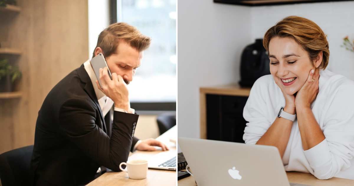 A woman distressed over a call (L). A woman smiling at the laptop (R).(Representative Cover Image Source: Pexels Images | Photo by Andrea Piacquadio and www.kaboompics.com)