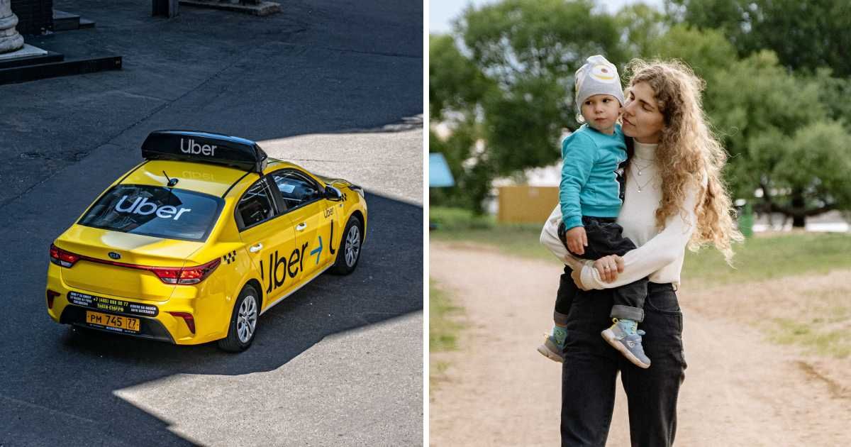 (L) Uber taxi. (R) Mom carrying son. (Representative Cover Image Source: Pexels | (L) Aleksandr Sochnev, (R) Yan Krukau)