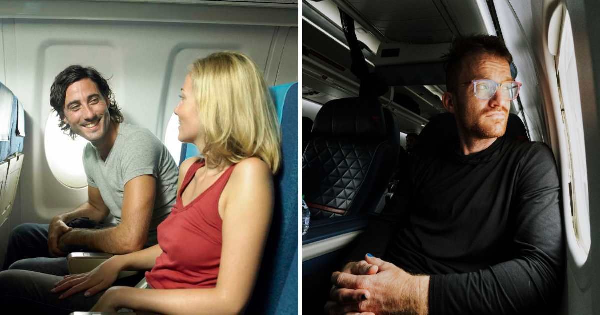 (L) Couple talking to each other on flight. (R) Man looking out window. (Representative Cover Image Source: (L) Getty Images, (R) Pexels | (L) Hans Neleman, (R) K)