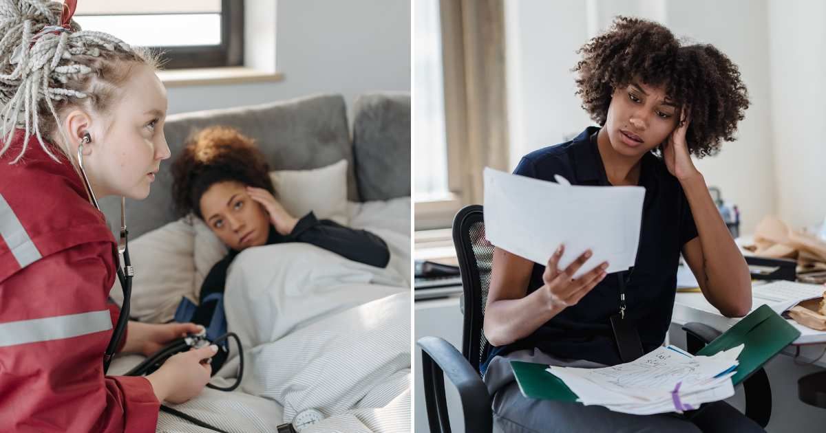 A medical professional checking a patient (L). A woman was shocked at reading some bills (R). (Representative Cover Image Source: Pexels Images | Photo by Pavel Danilyuk and Mizuno K)