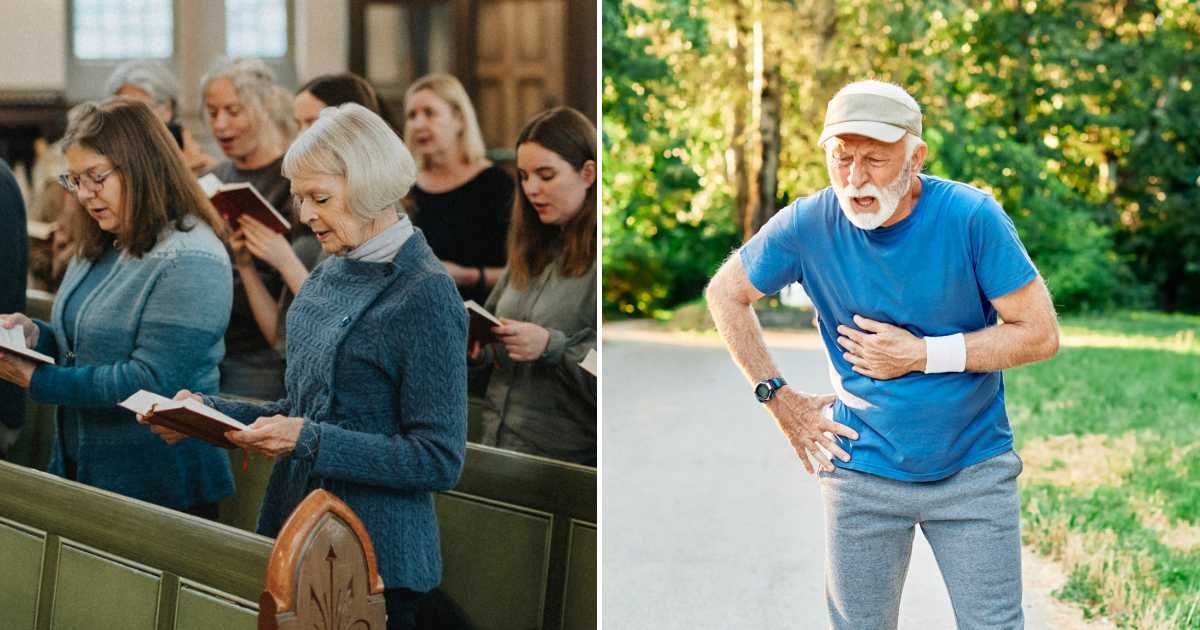 (L) People at church praying.  (R) A man having a heart attack. (Representative Cover Image Source: Getty Images | L -  Paperkites, R - Maskot)