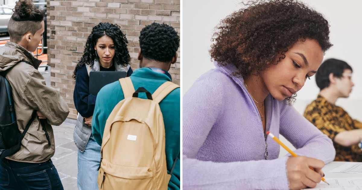 (L) Two students bullying a girl. (R) Young woman giving exam. (Representative Cover Image Source: Pexels | (L) Keira Burton, (R) Andy Barbour)