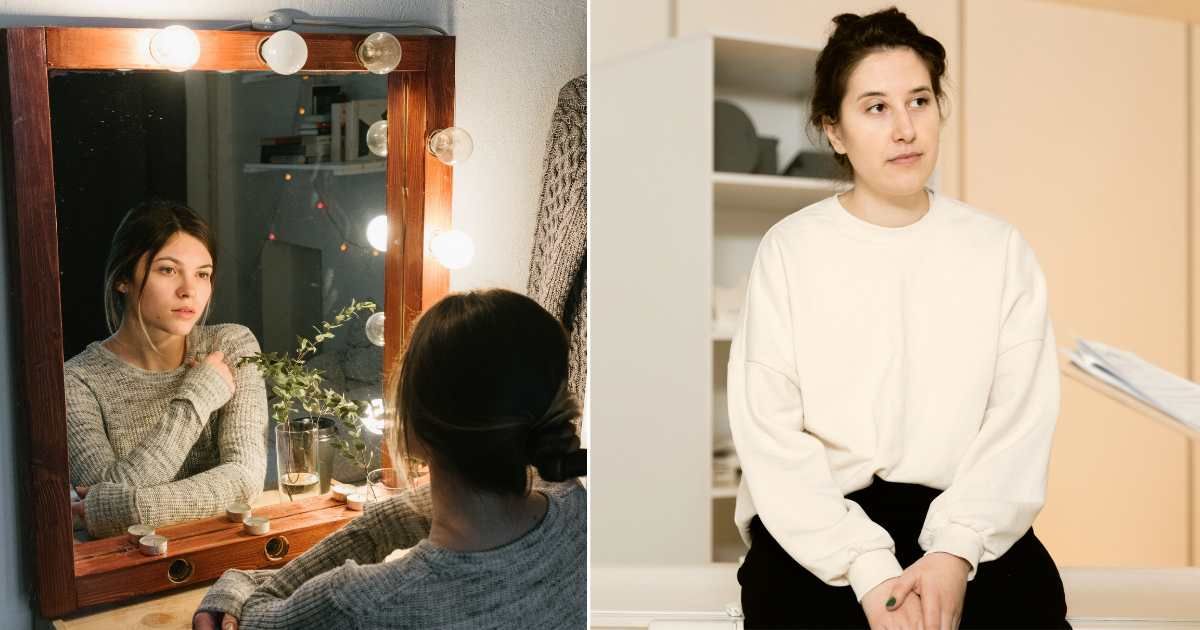 (L) A confused woman looks at her face intently in the mirror. (R) A woman is sitting in a doctor's clinic. (Representative Cover Image Source: Pexels| L - Arthouse Studio, R - Mart Production)