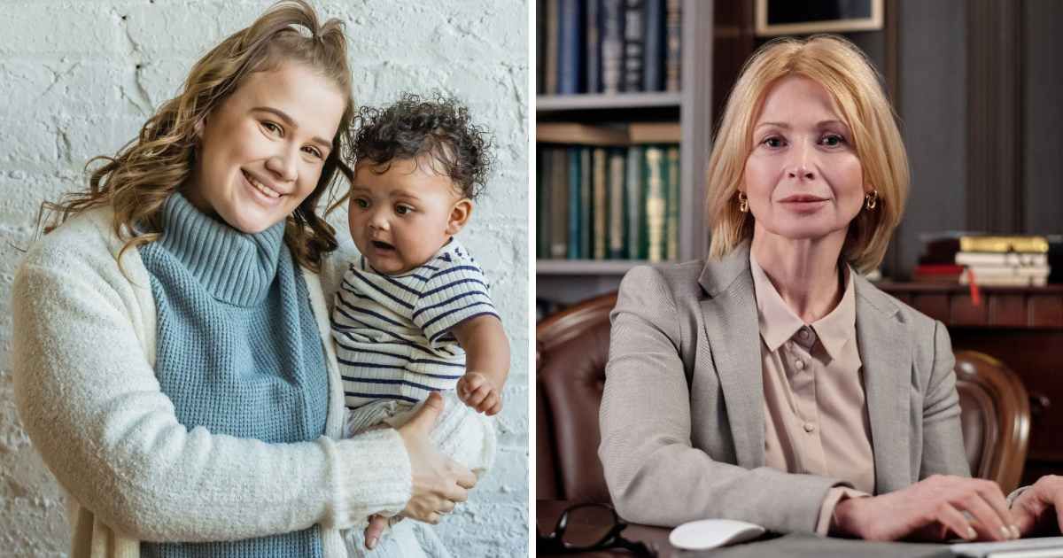 (L) Mom holding baby. (R) Judge smiles approvingly. (Representative Cover Image Source: Pexels| (L) Keira Burton, (R) August de Richelieu)