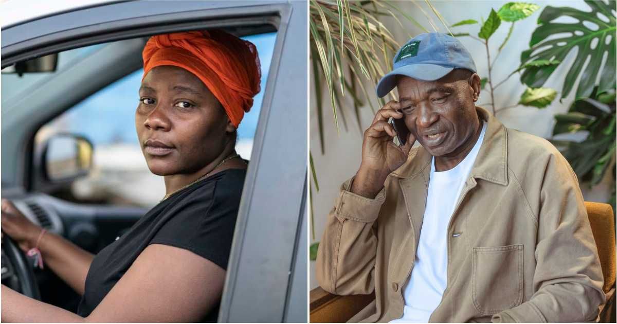 (L) A middle-aged woman is looking serious while driving. (R) A man speaks on the phone. (Representative Cover Image Source: L - Getty Images| valentinerussanov, R - Pexels| Ron Lach)