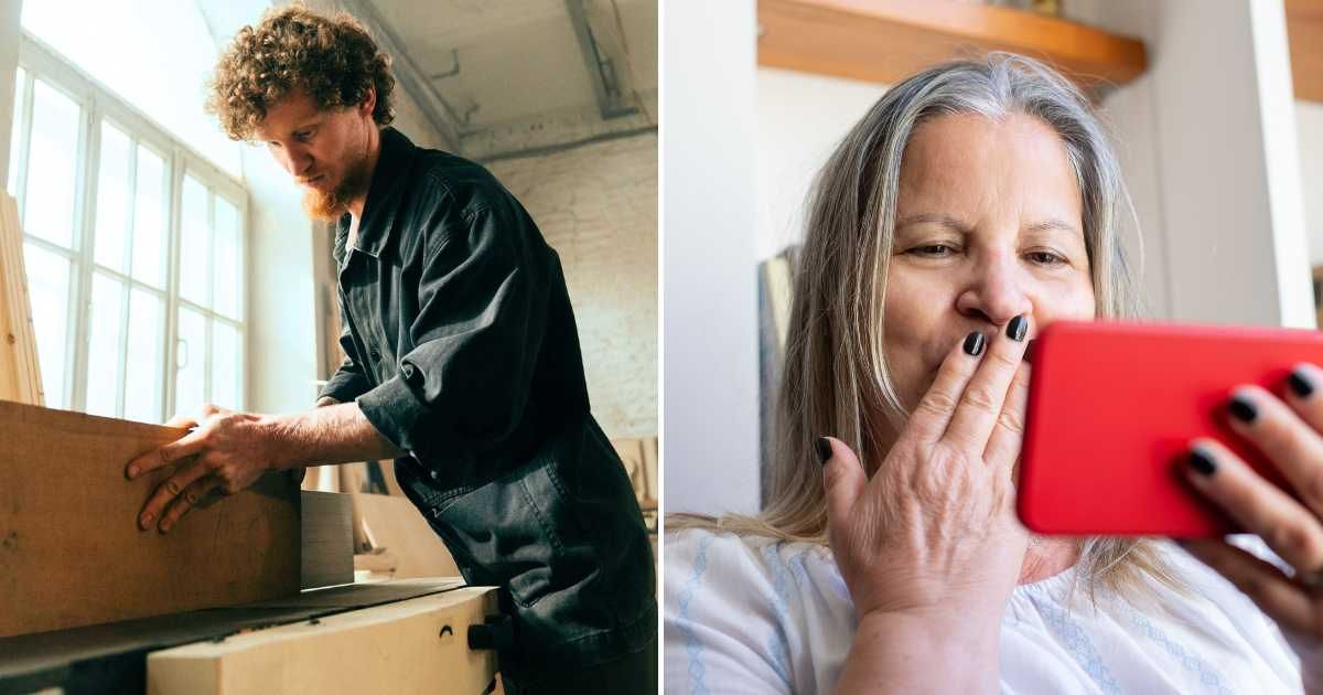 A man fixing a piece of furniture (L). A woman snickering and smiling at their mobile screen (R). (Representative Cover Image Source: Pexels Images | Photo by cottonbro studio and Kampus Production)