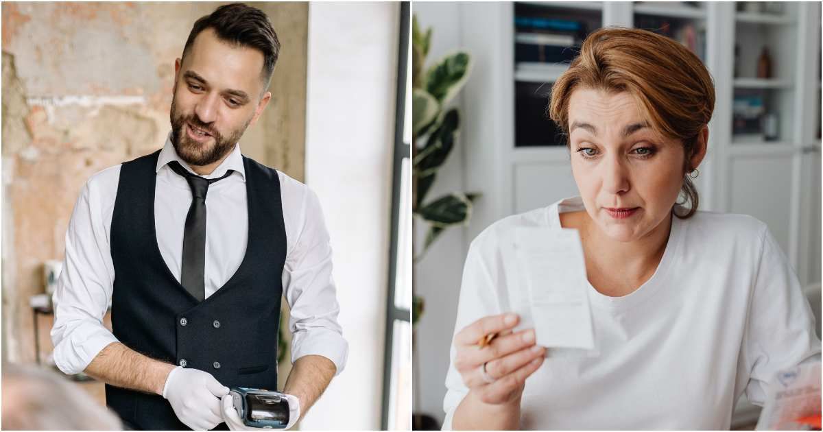 (L) A server brings over bill and machine to pay. (R) A woman looks stunned as she reads invoice. (Representative Cover Image Source: Pexels| L - Yan Krukau, R - Karola G)