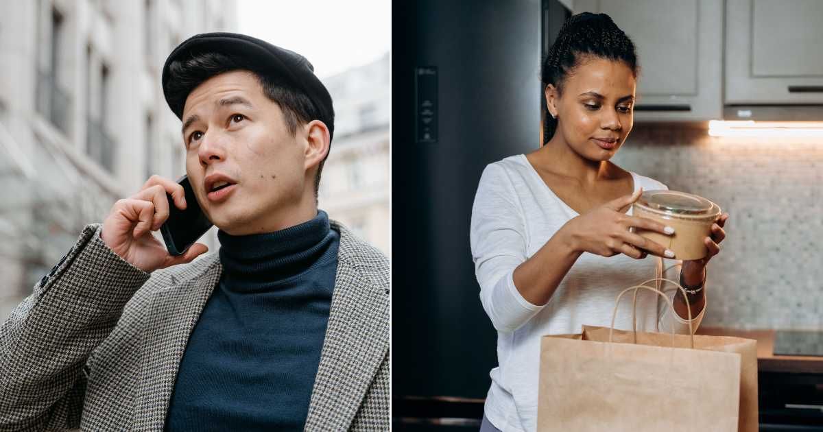 (L) A man is speaking on his phone. (R) A woman is removing food she ordered at home. (Representative Cover Image Source: Pexels| L - Mart Production, R - Mikhail Nilov)
