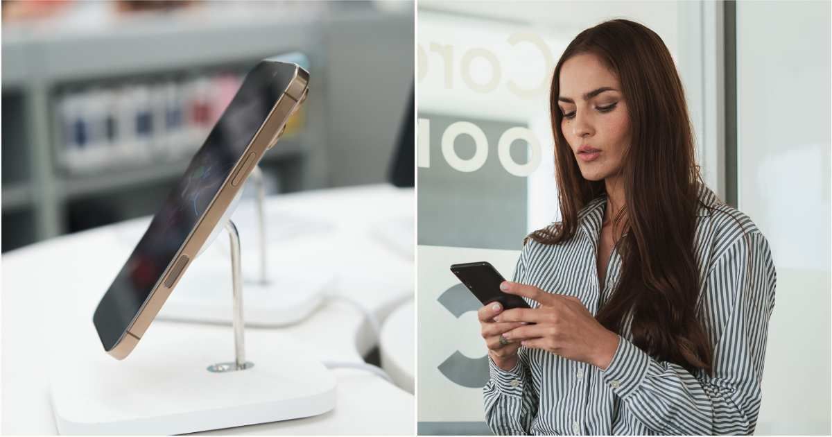 (L) A new phone on display in a store. (R) A woman looks at her phone in disbelief. (Representative Cover Image Source: Pexels| L - Amir Webber, R - Los Muertos Crew)