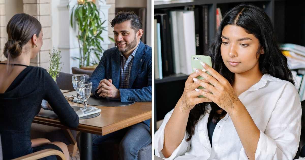 (L) Couple on a date. (R) The woman looks disappointed as she reads texts on her phone. (Representative Cover Image Source: Pexels | (L) Mikhail Nilov, (R) Yan Krukau)