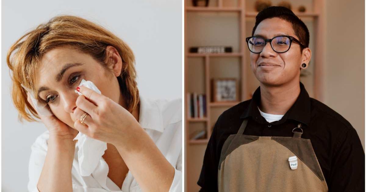 (L ) A woman sobbing ; (R) A bakery staff smiling (Representative Cover Image Source: Pexels | Photo by (L) www.kaboompics.com ; (R)  RDNE Stock project)
