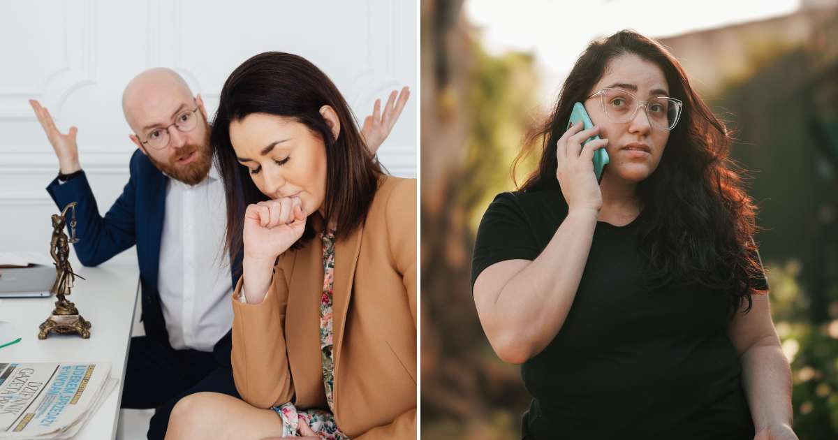 A couple fighting in a court (L). A woman looking confused over a phone call (R). (Representative Cover Image Source: Pexels Images | Photo by www.kaboompics.com and Helena Lopes)