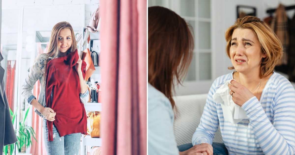 (L) A woman checking something at a thrift store. (R) A woman crying while someone else consoles her. (Representative Cover Image Source: Pexels | L -  Vitaly Gariev, R - www.kaboompics.com)