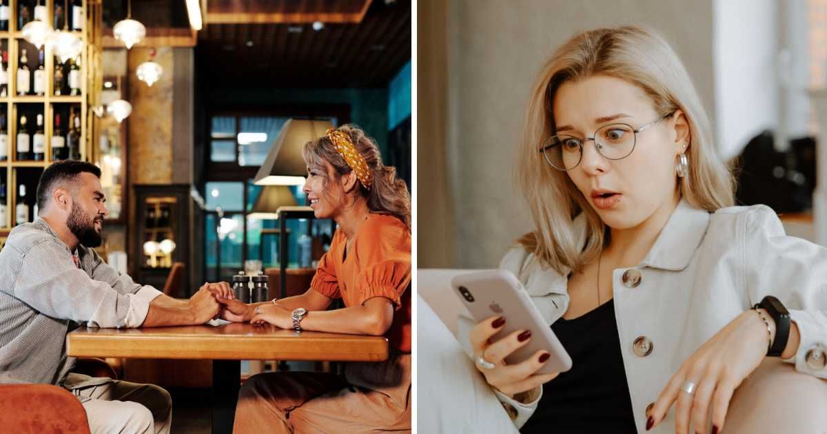 (L) Couple on dinner date. (R) Shocked woman looking at her phone. (Representative Cover Image Source: Pexels | (L) Jep Gambardella, (R) Polina Zimmerman)